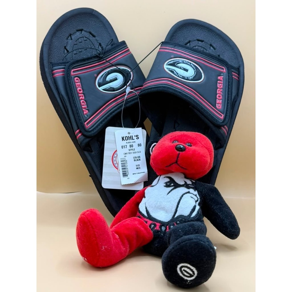 Georgia Bulldogs NCAA Men Slide Sandals Black Red UGA Slides with Plush Bear Set